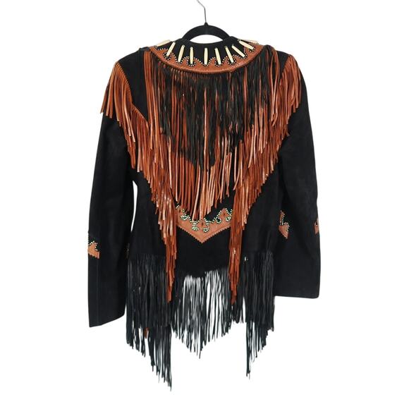 Vintage 90s Diamond Leathers Black Leather Fringe Western Biker Jacket 8 - Picture 7 of 8